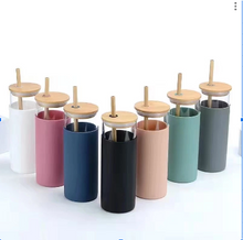Load image into Gallery viewer, Silicon Glass Tumbler with Bamboo Lid and Straw
