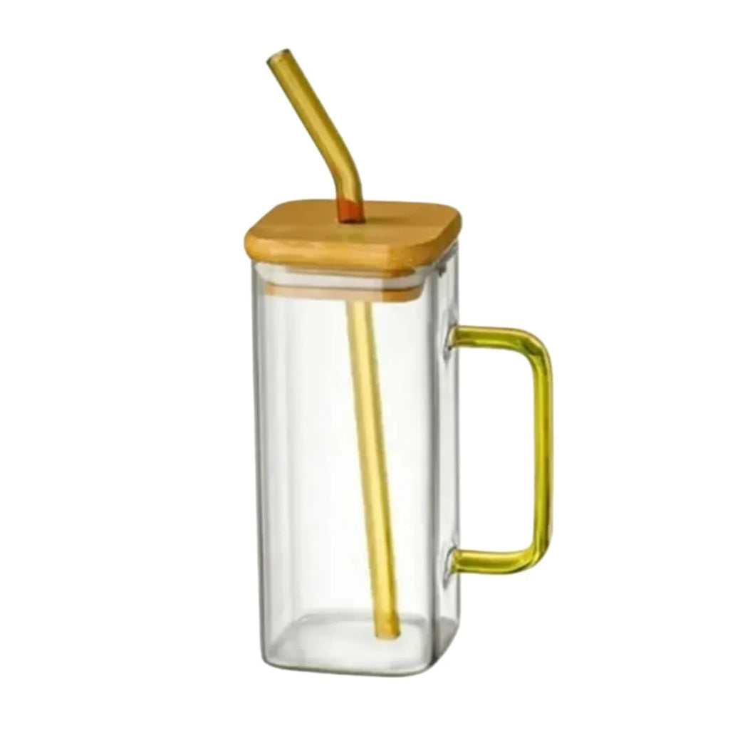 400ml Glass Heat Resistant Square Glass Cup with Lid and Straw Transparent Juice Glass