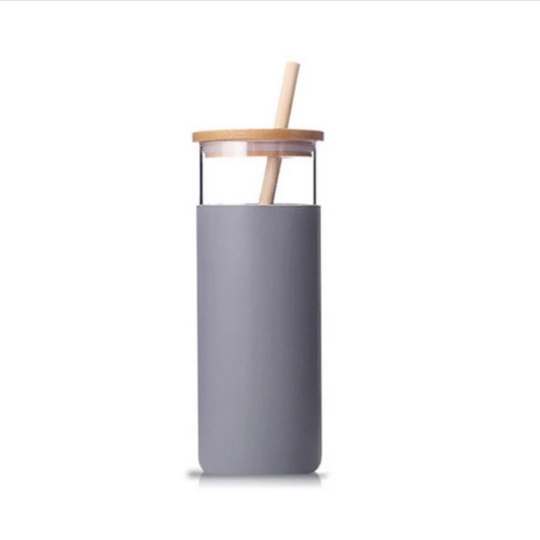Silicon Glass Tumbler with Bamboo Lid and Straw