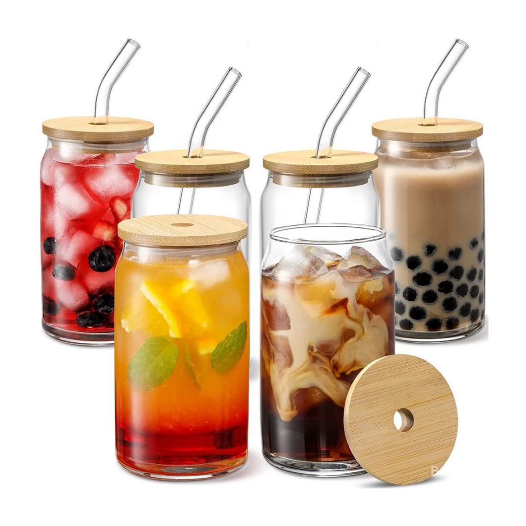 600ML Glass Cup With Bamboo Lid and Straw